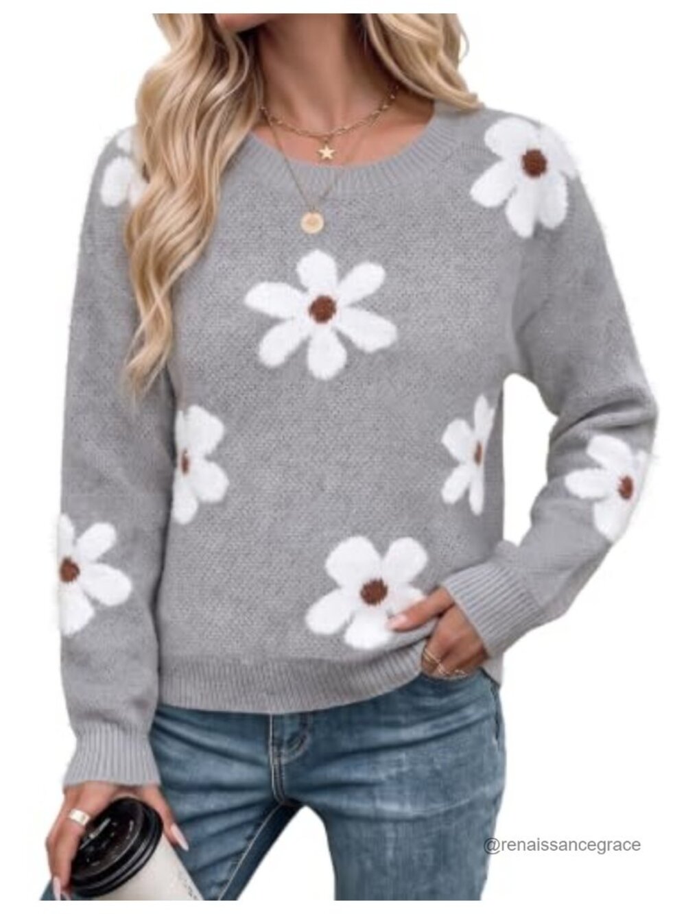 Floral Pullover Crew Neck Sweater Loose Fit Long Sleeve Knit Top